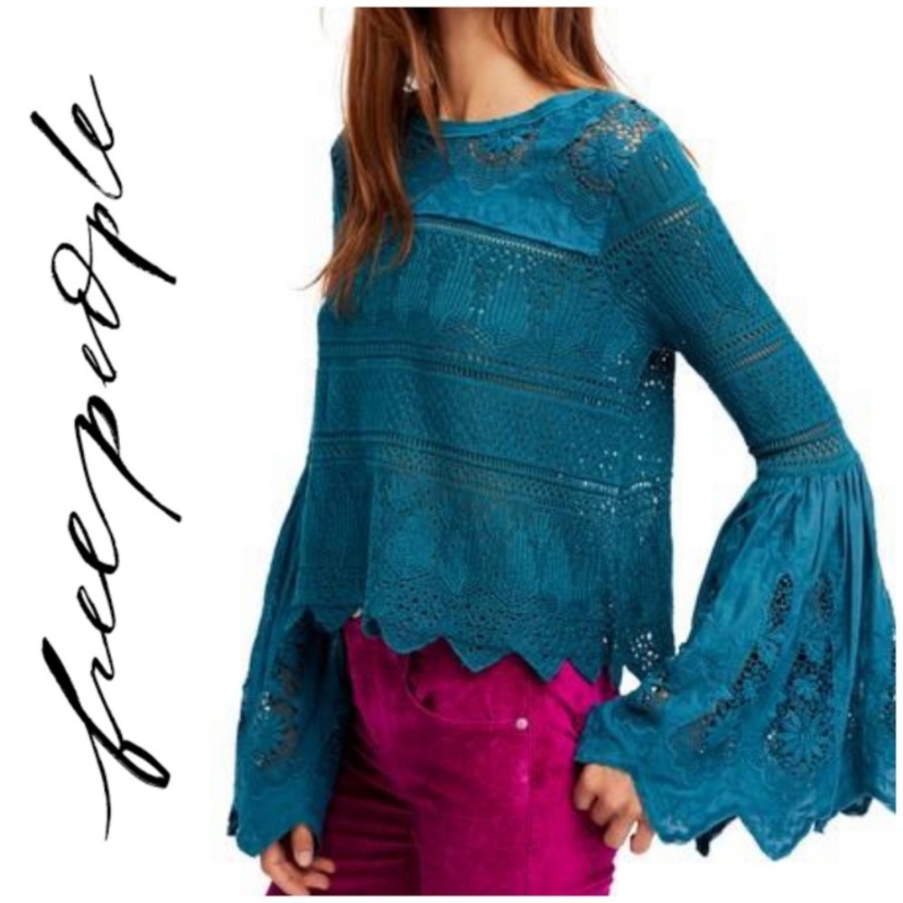 FP Once Upon A Time Crochet Bell Sleeve Top Teal